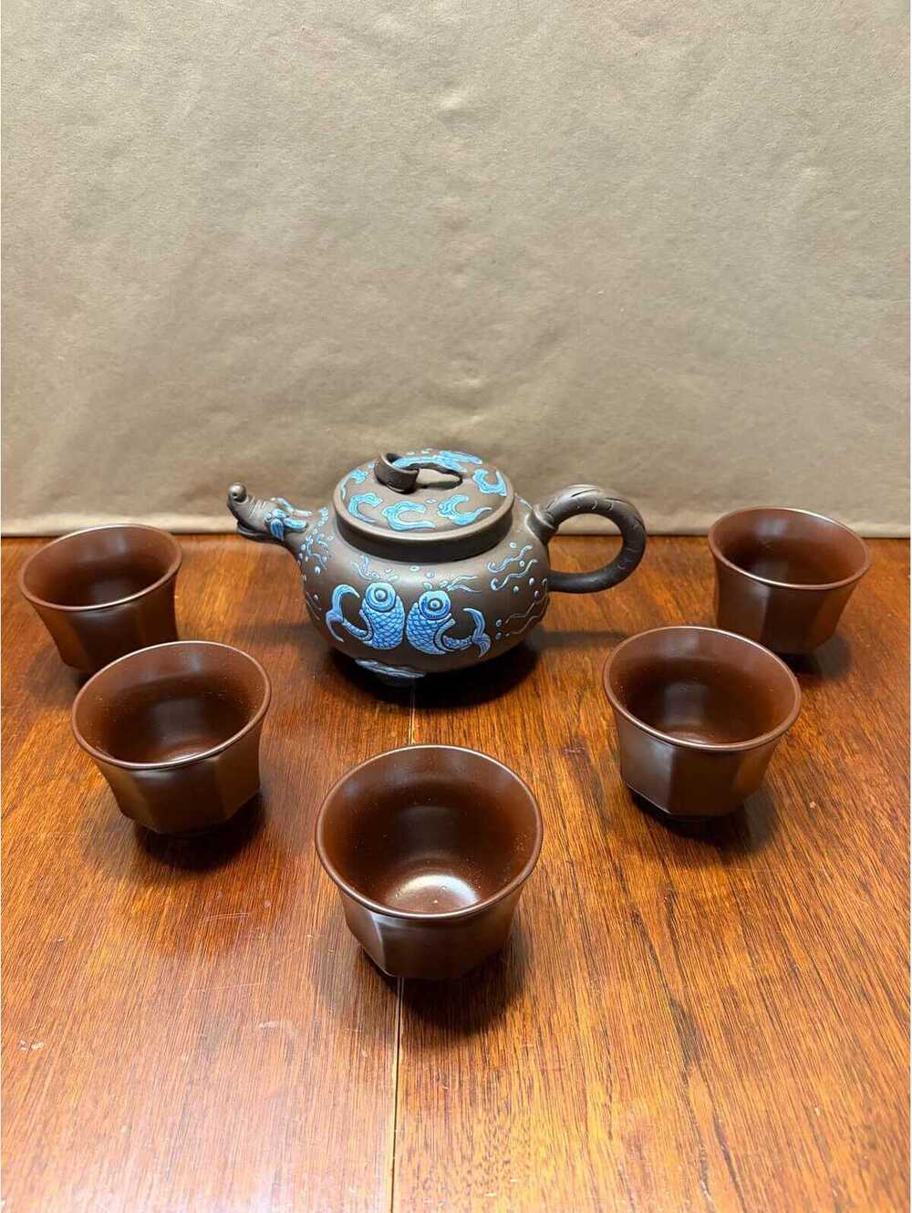 Vintage Hui Meng Yixing Zisha Clay Teapot & Cup Set Dragon Painted Blue Koi Fish